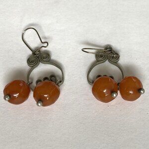 Double Amber bead and Silver Earrings-Vintage